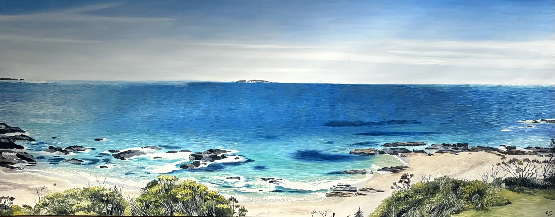 Panoramic oil painting of the ocean seen over rocks and coastal scrub