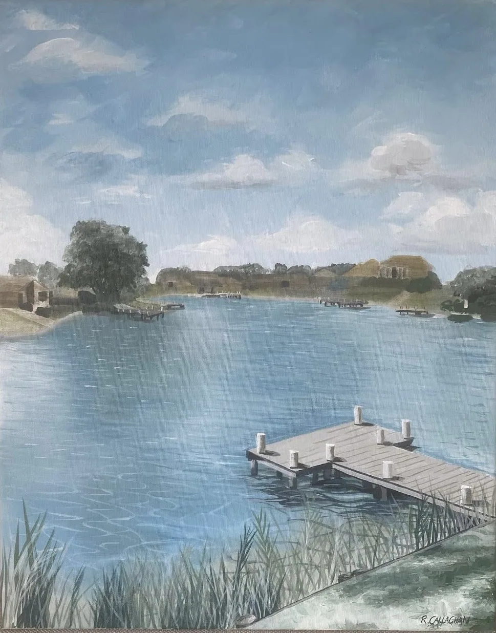 Oil painting of a timber jetty on still water