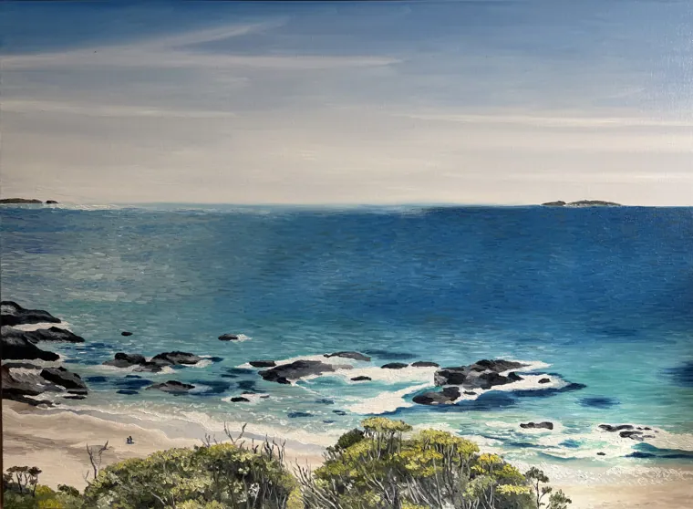 Oil painting looking over coastal scrub to a rocky bay and deep blue ocean