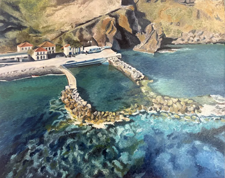Aerial oil painting of a rock breakwater curving out from a headland with houses above