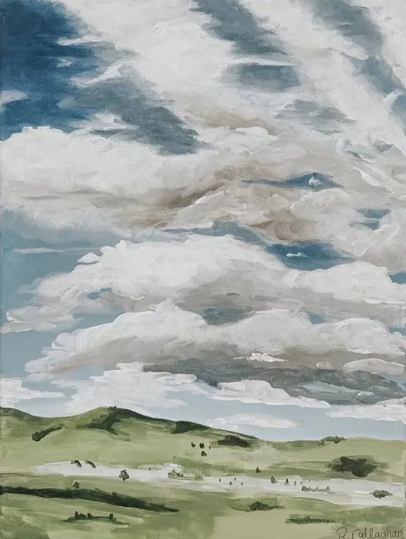 Oil painting of a big cloud filled sky over low green dunes