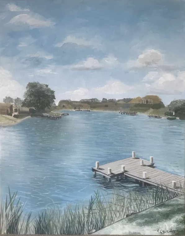 Oil painting of a timber jetty on still water