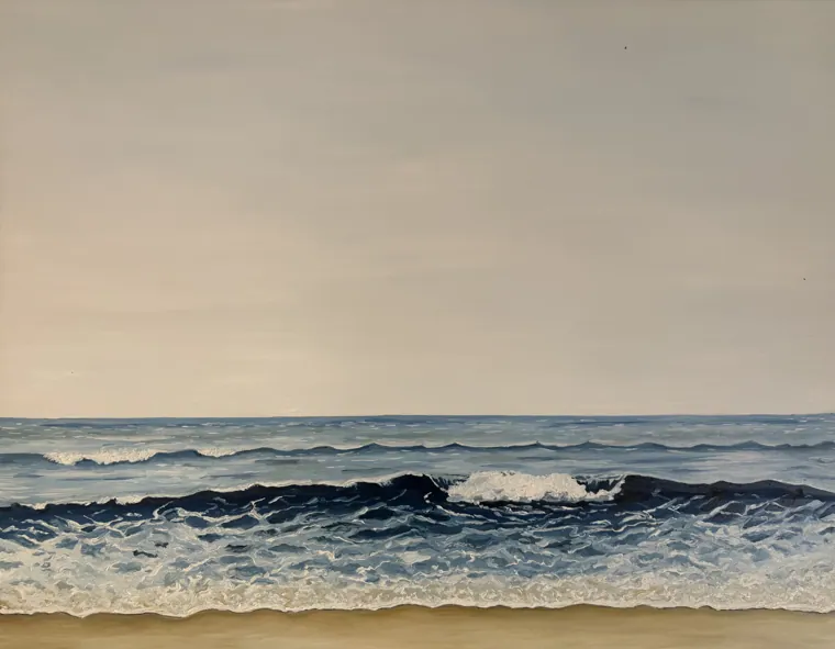 Minimal oil painting of a single line of whitewater running onto pale sand