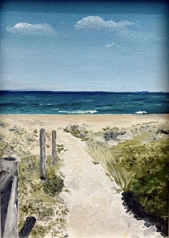 Oil painting of a sandy path through the dunes down to the sea