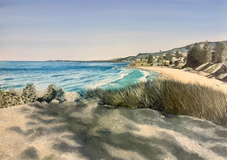 Oil painting of dune grass and a headland above clear turquoise water