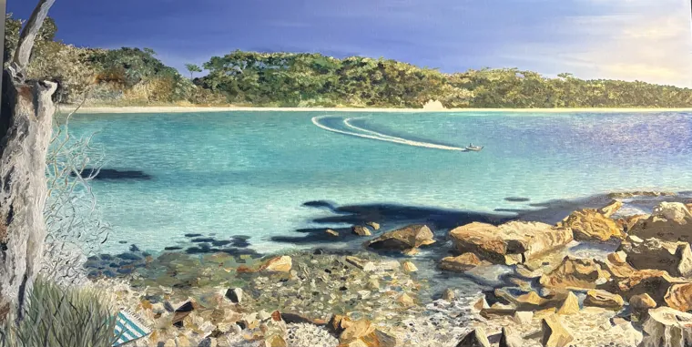 Aerial oil painting of a turquoise bay with a boat wake