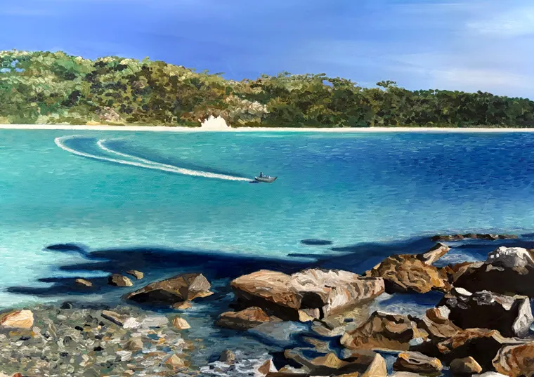 Oil painting of a turquoise bay with rocks in the foreground and a green headland beyond