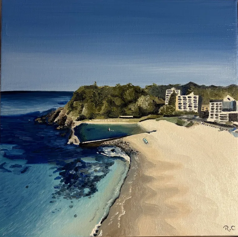 Aerial oil painting of an ocean pool, beach and apartment blocks on a headland
