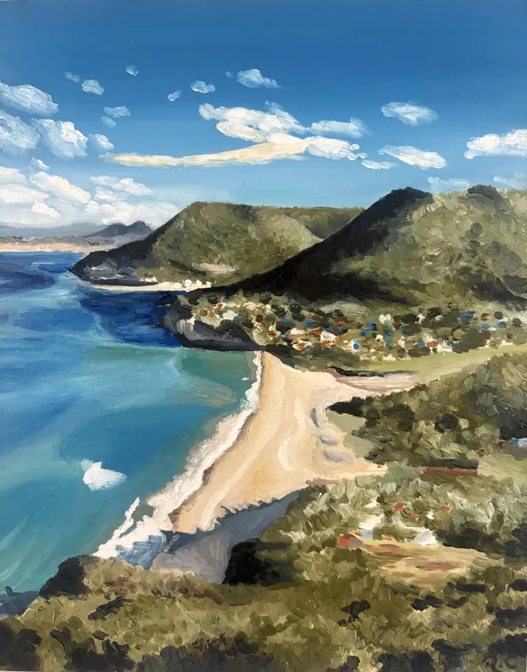 Aerial oil painting of a beach held between two green headlands
