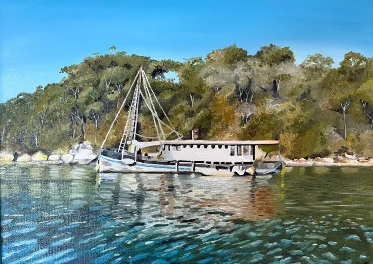 Oil painting of a fishing boat moored beside a wooded island