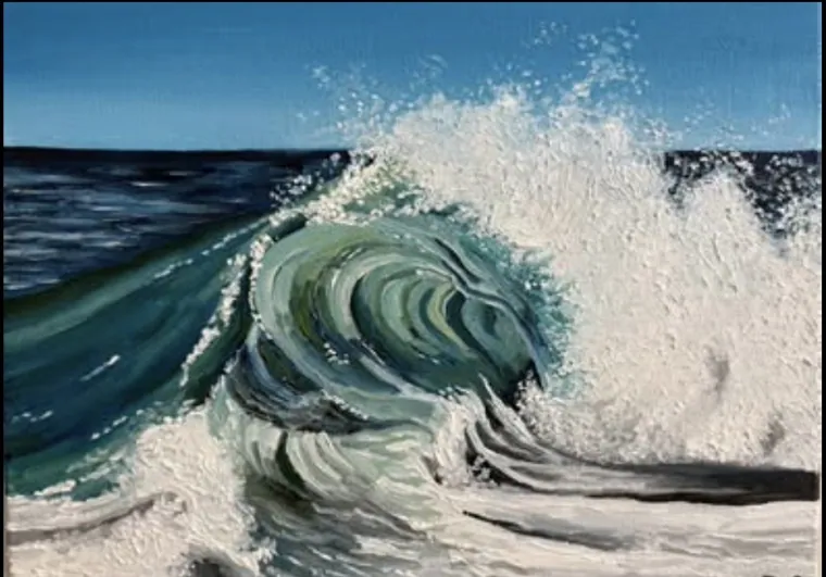 Oil painting of a teal wave curling and breaking, spray lifting off the crest
