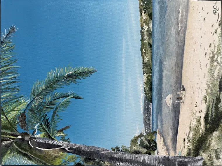 Oil painting of a palm leaning over a pool beside the sea