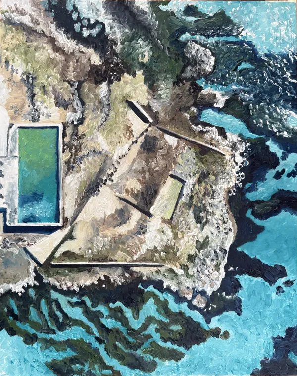 Aerial oil painting of an ocean pool set into a rocky reef with turquoise water around it