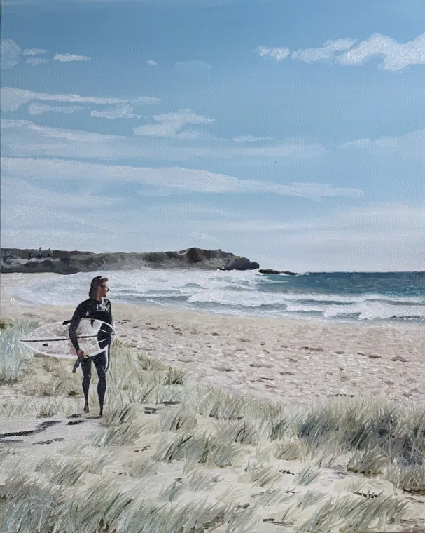 Oil painting of a surfer standing in the dunes with a board, looking out at the break