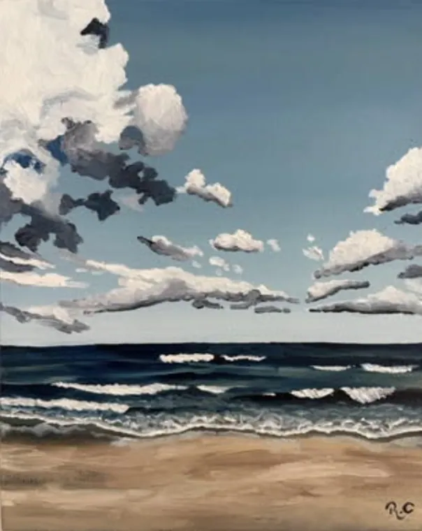 Oil painting of heavy clouds over a beach with waves breaking on the sand