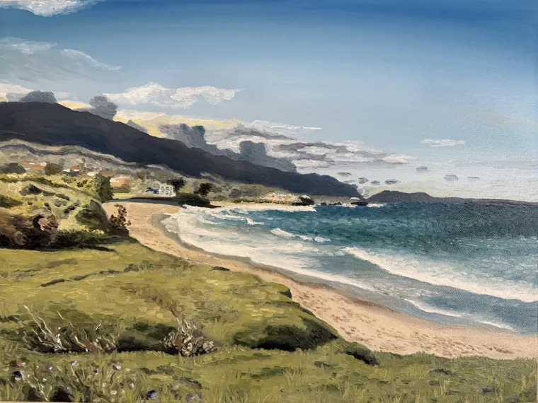 Oil painting of a long beach and headland seen across green grass